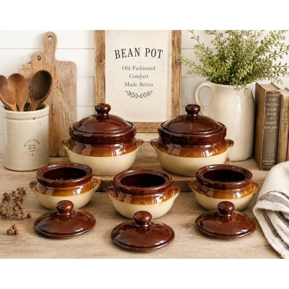 Vintage Stoneware Mini Bean Pot Set of 7 | Brown & Cream Ceramic Soup Crocks wit